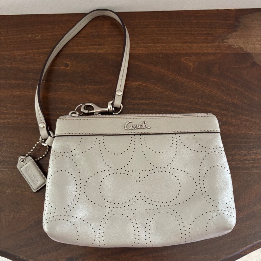 COACH Y2K Op Art Signature C Gray Leather Small Perforated Wristlet Wallet